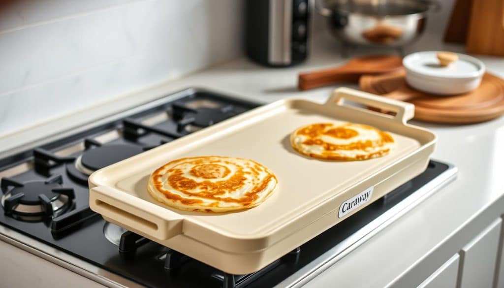 Caraway Double Burner Griddle in cream color cooking pancakes on a stovetop in 2025