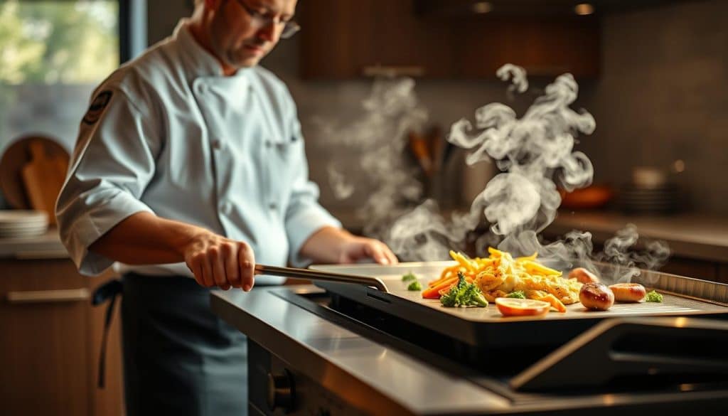 Chef using a restaurant quality griddle pan to cook a gourmet meal in a home kitchen in 2025
