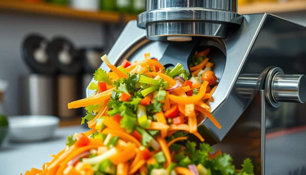 Close-up of a heavy duty food chopper in 2025 processing vegetables