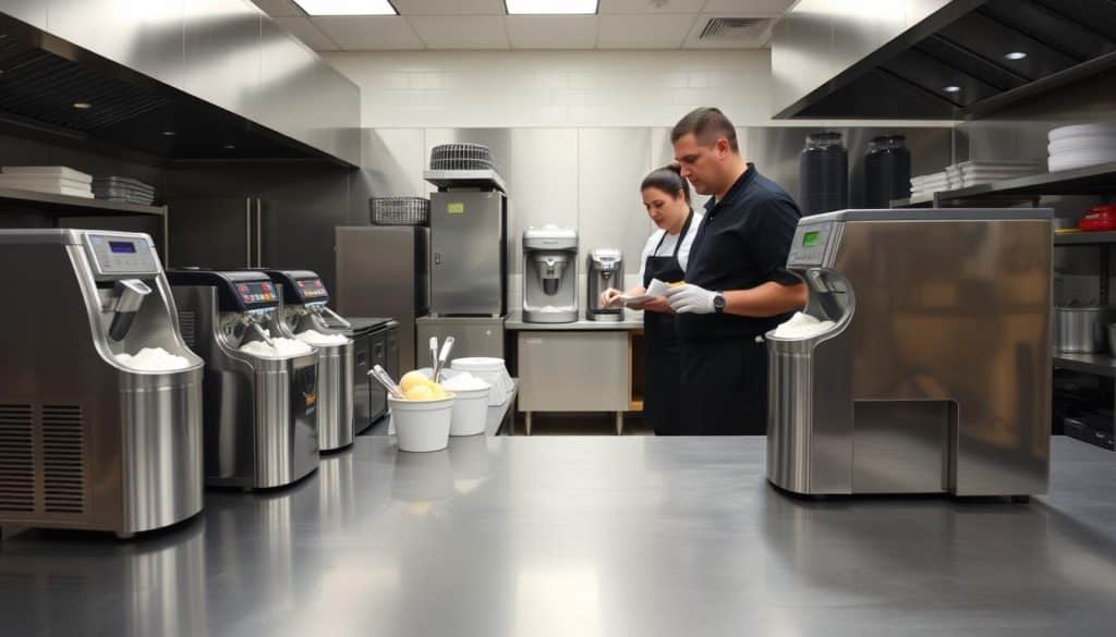 Commercial kitchen with various ice cream makers being evaluated - commercial ice cream maker buying guide