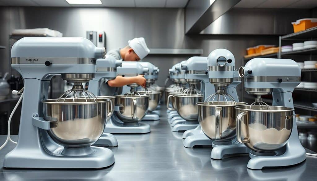 Commercial kitchen with various stand mixers in use - best commercial stand mixer 2025 review