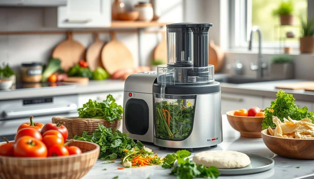 Kitchen counter with heavy duty food chopper and freshly prepared ingredients