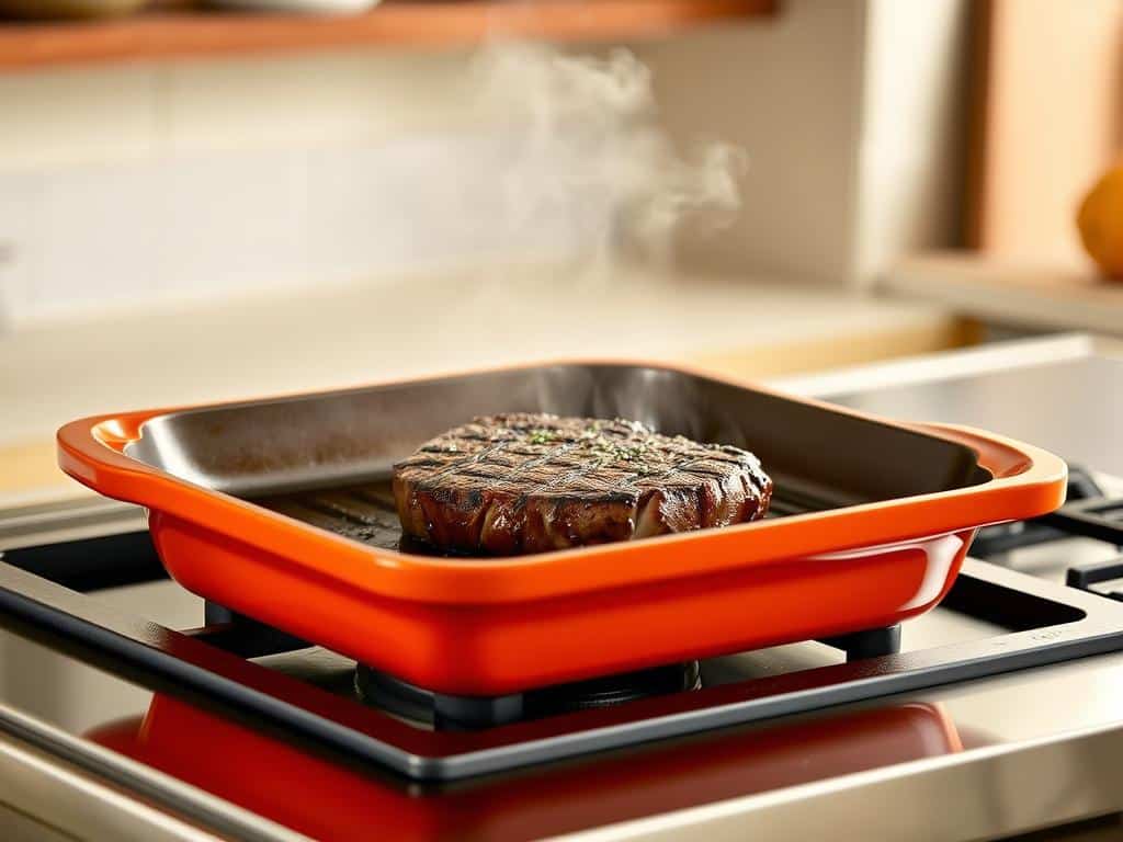 Le Creuset Cast Iron Square Griddle in flame orange color cooking steak in 2025