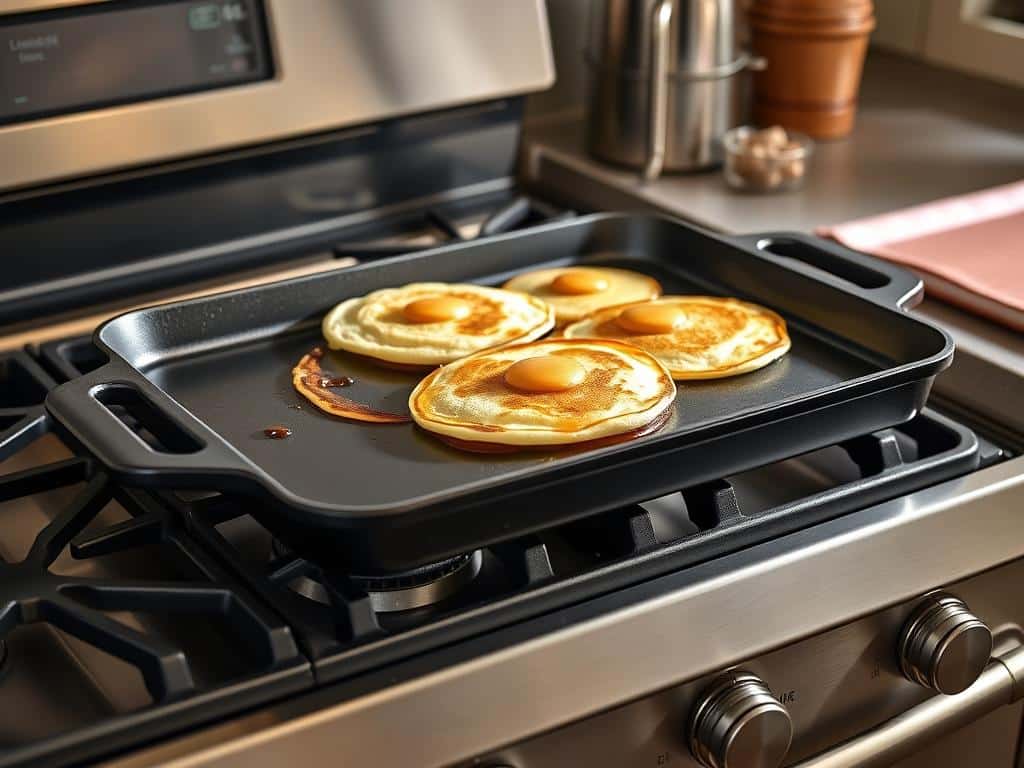 Lodge Pre-Seasoned Cast Iron Reversible Grill/Griddle cooking pancakes on a stovetop in 2025