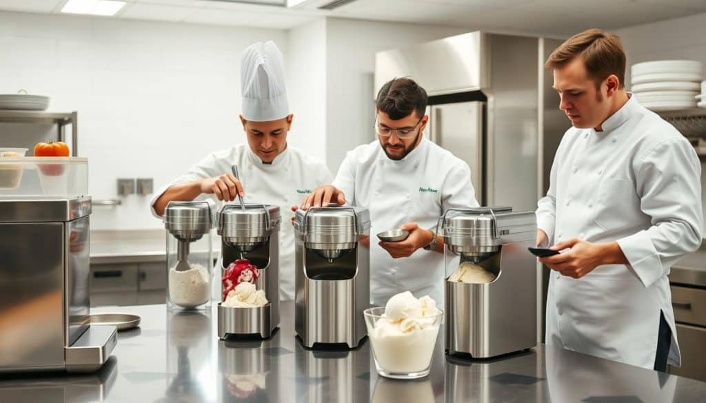 Our team testing commercial ice cream makers in a professional kitchen - commercial ice cream maker testing
