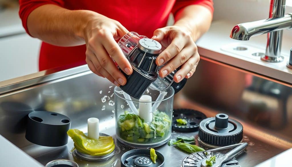 Person cleaning a disassembled heavy duty food chopper