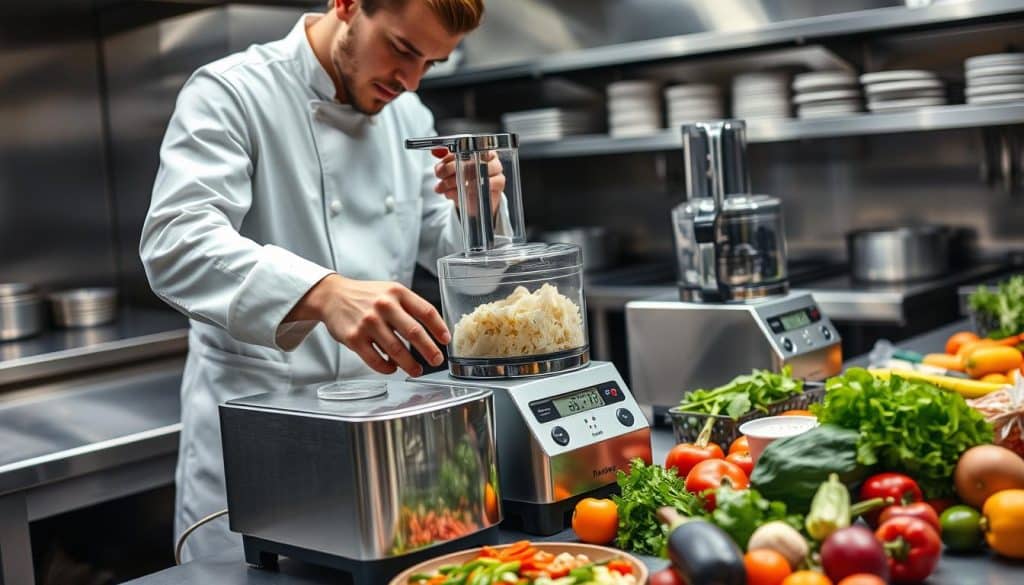 Professional chef using a commercial food processor in restaurant kitchen - best professional food processor 2025 review