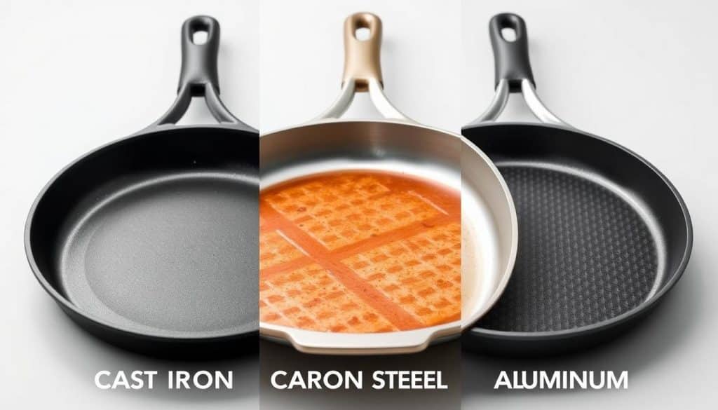 Various griddle pan materials displayed side by side showing cast iron, carbon steel, and aluminum with ceramic coating in 2025