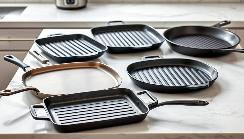 Various restaurant quality griddle pans arranged on a kitchen counter in 2025